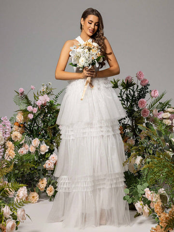 LOVE&LEMONADE Cross Halter Multi-Layer Tulle Hem Sleeveless Wedding Dress