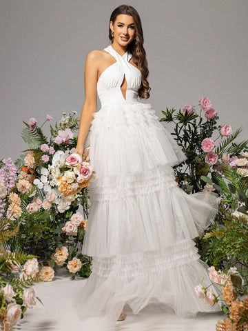 LOVE&LEMONADE Cross Halter Multi-Layer Tulle Hem Sleeveless Wedding Dress