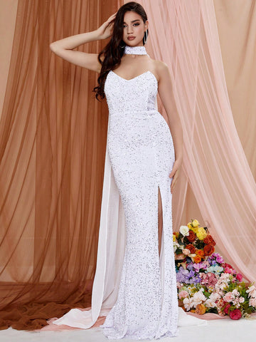 LOVE&LEMONADE Glitter Design Slit White Dress Suitable For Wedding Occasions