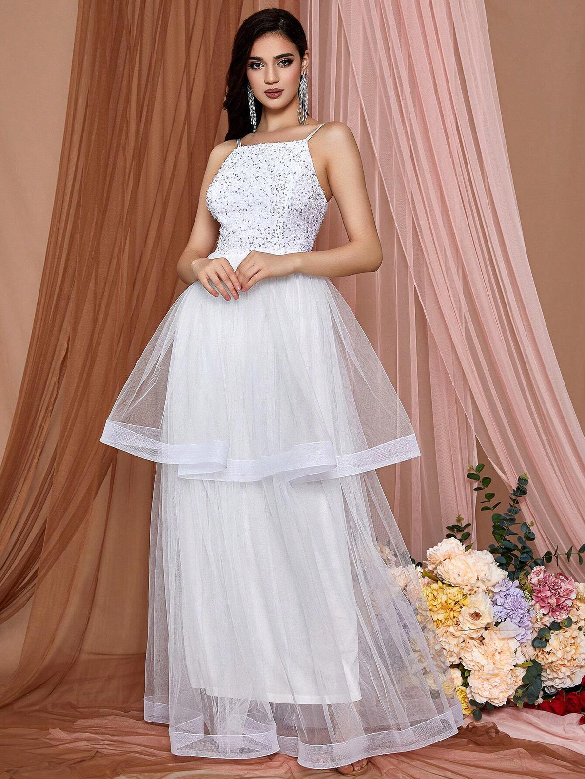 LOVE&LEMONADE Glitter Mesh Splice Cami Wedding Dress