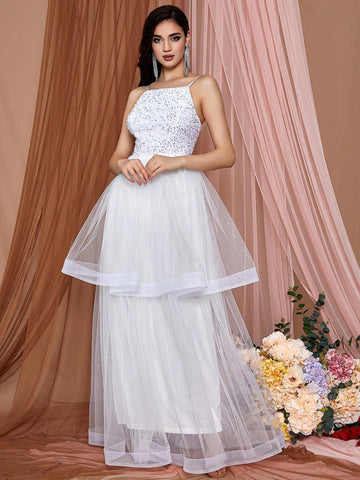 LOVE&LEMONADE Glitter Mesh Splice Cami Wedding Dress