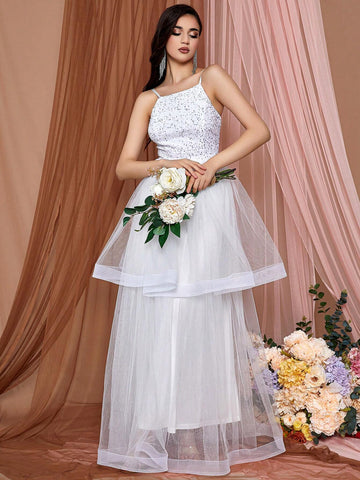 LOVE&LEMONADE Glitter Mesh Splice Cami Wedding Dress