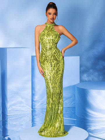 LOVE&LEMONADE Green Sequin Mermaid Long Neck-Hanging Formal Dress