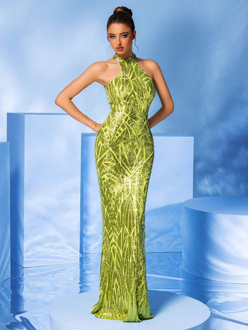 LOVE&LEMONADE Green Sequin Mermaid Long Neck-Hanging Formal Dress