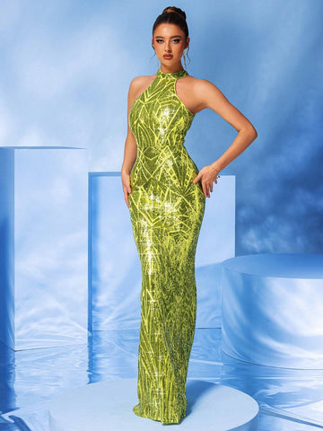 LOVE&LEMONADE Green Sequin Mermaid Long Neck-Hanging Formal Dress