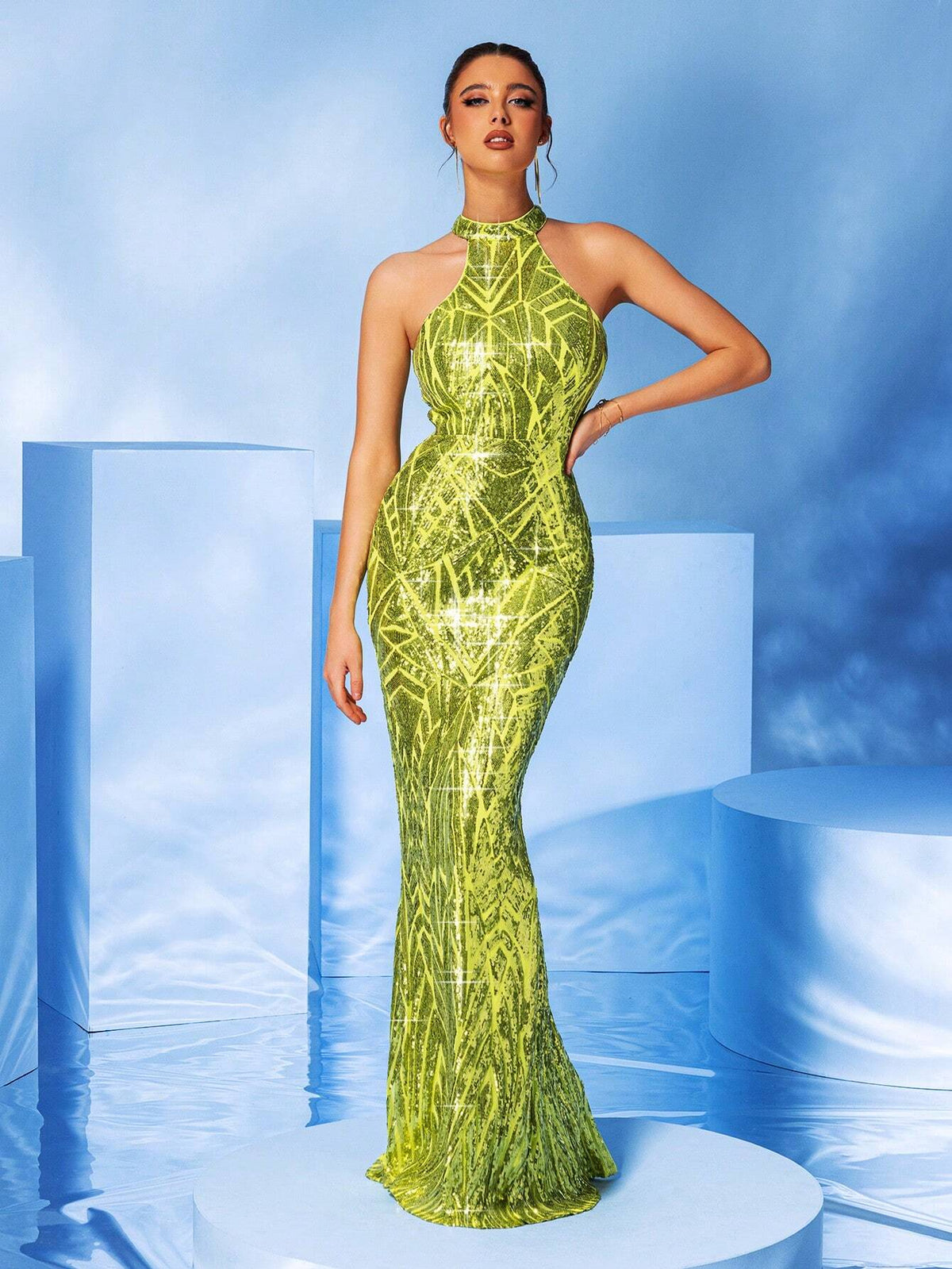 LOVE&LEMONADE Green Sequin Mermaid Long Neck-Hanging Formal Dress