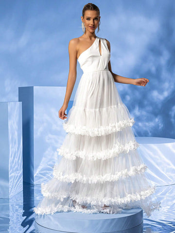 LOVE&LEMONADE Hollow Out One Shoulder 3d Flower Embellished Multi-Layer Hem White Wedding Dress