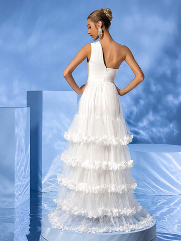 LOVE&LEMONADE Hollow Out One Shoulder 3d Flower Embellished Multi-Layer Hem White Wedding Dress