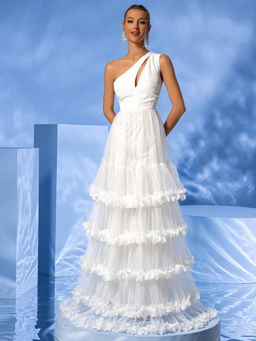 LOVE&LEMONADE Hollow Out One Shoulder 3d Flower Embellished Multi-Layer Hem White Wedding Dress