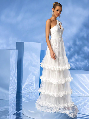 LOVE&LEMONADE Hollow Out One Shoulder 3d Flower Embellished Multi-Layer Hem White Wedding Dress