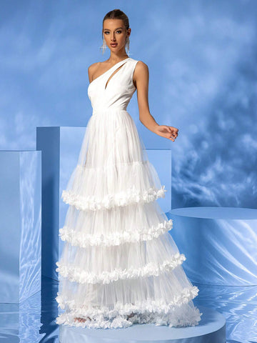 LOVE&LEMONADE Hollow Out One Shoulder 3d Flower Embellished Multi-Layer Hem White Wedding Dress