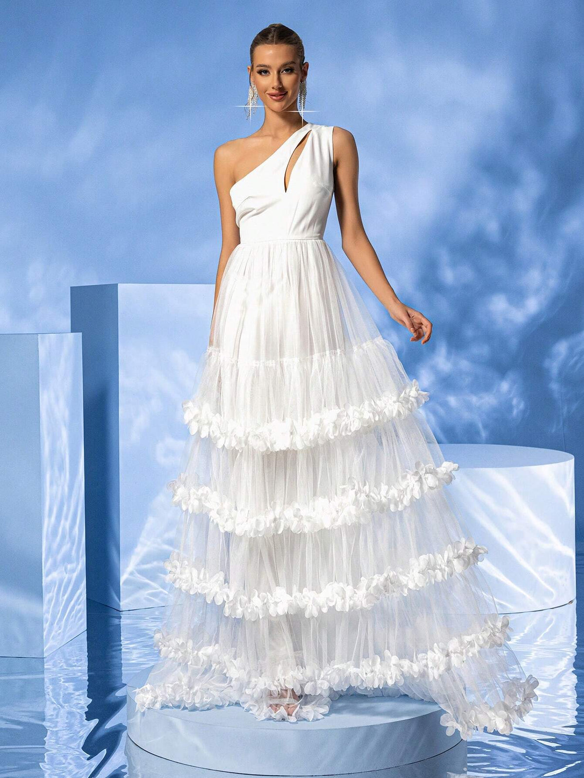 LOVE&LEMONADE Hollow Out One Shoulder 3d Flower Embellished Multi-Layer Hem White Wedding Dress