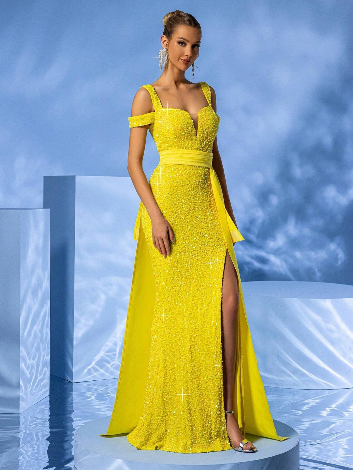 LOVE&LEMONADE Ladies" Long Evening Dress With Off-Shoulder, Split And Yellow Ruffle Hem