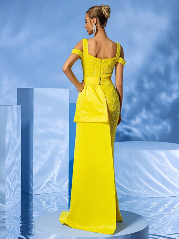 LOVE&LEMONADE Ladies" Long Evening Dress With Off-Shoulder, Split And Yellow Ruffle Hem