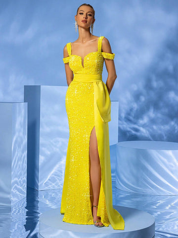 LOVE&LEMONADE Ladies" Long Evening Dress With Off-Shoulder, Split And Yellow Ruffle Hem
