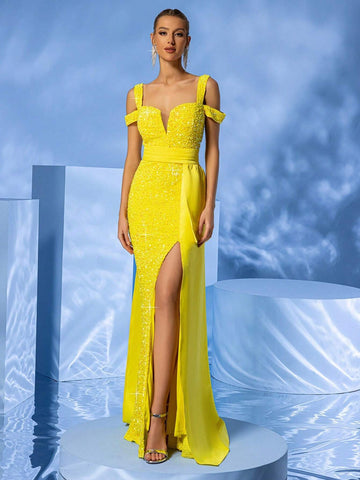 LOVE&LEMONADE Ladies" Long Evening Dress With Off-Shoulder, Split And Yellow Ruffle Hem