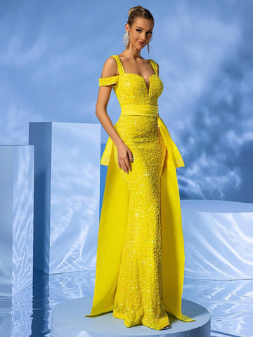 LOVE&LEMONADE Ladies" Long Evening Dress With Off-Shoulder, Split And Yellow Ruffle Hem