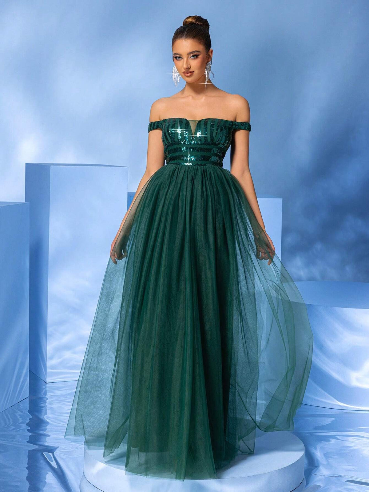 LOVE&LEMONADE Off-Shoulder Green Sequined Mesh Evening Dress