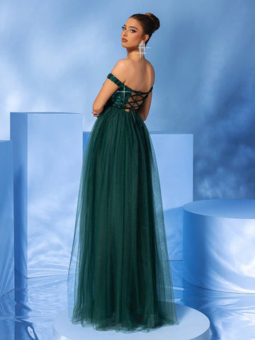 LOVE&LEMONADE Off-Shoulder Green Sequined Mesh Evening Dress