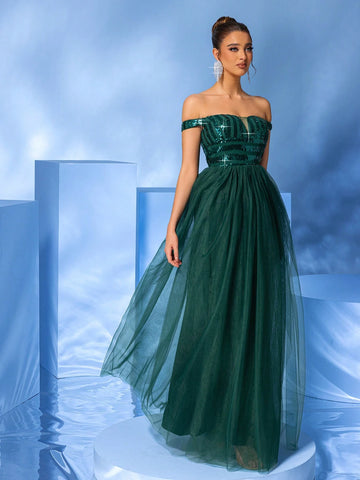 LOVE&LEMONADE Off-Shoulder Green Sequined Mesh Evening Dress