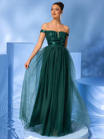 LOVE&LEMONADE Off-Shoulder Green Sequined Mesh Evening Dress