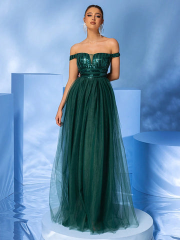 LOVE&LEMONADE Off-Shoulder Green Sequined Mesh Evening Dress