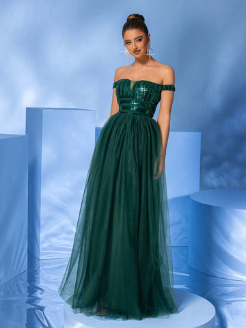 LOVE&LEMONADE Off-Shoulder Green Sequined Mesh Evening Dress
