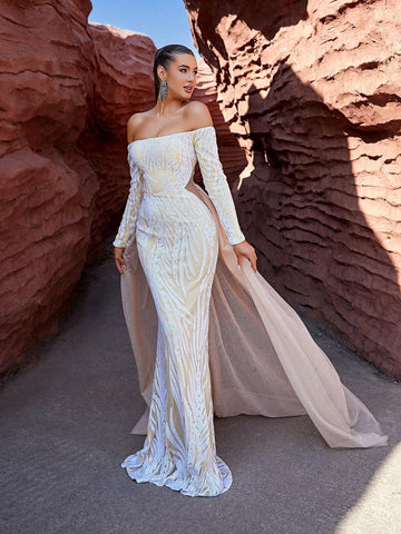 LOVE&LEMONADE Off Shoulder Apricot-Colored Fashionable And Elegant Party Dress