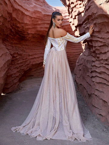 LOVE&LEMONADE Off Shoulder Apricot-Colored Fashionable And Elegant Party Dress