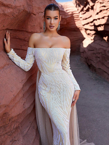 LOVE&LEMONADE Off Shoulder Apricot-Colored Fashionable And Elegant Party Dress