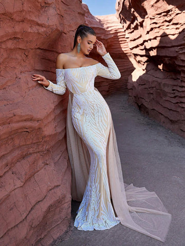 LOVE&LEMONADE Off Shoulder Apricot-Colored Fashionable And Elegant Party Dress