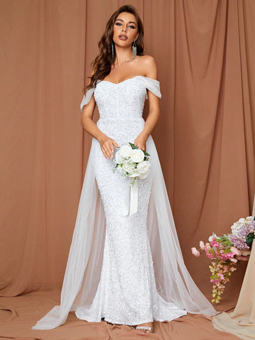 Off Shoulder Contrast Mesh Mermaid Hem Sequin Wedding Dress