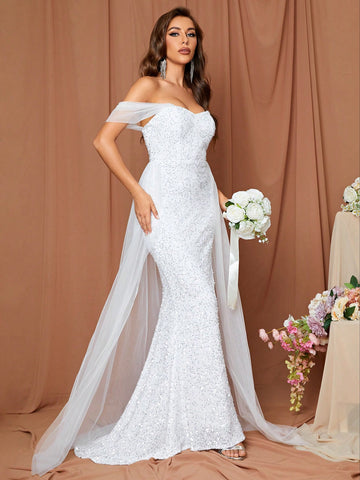Off Shoulder Contrast Mesh Mermaid Hem Sequin Wedding Dress