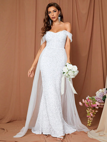 Off Shoulder Contrast Mesh Mermaid Hem Sequin Wedding Dress