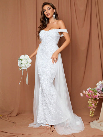 Off Shoulder Contrast Mesh Mermaid Hem Sequin Wedding Dress