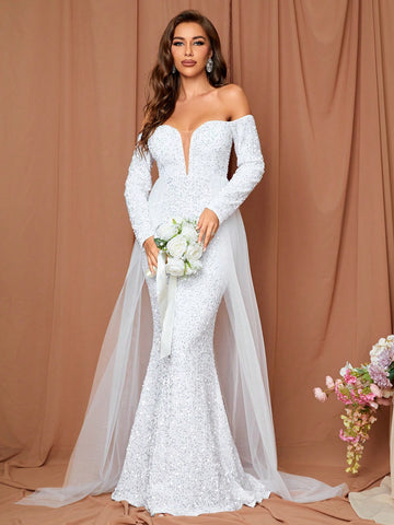 LOVE&LEMONADE Off Shoulder Mesh Panel Sequin Formal Dress