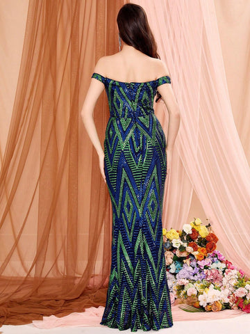 LOVE&LEMONADE Off Shoulder Sequin Color Block Split Bodycon Dress