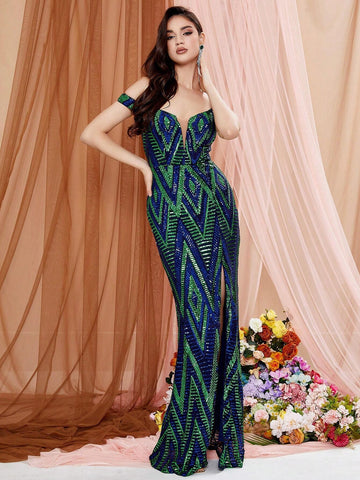 LOVE&LEMONADE Off Shoulder Sequin Color Block Split Bodycon Dress