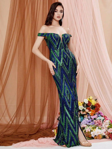 LOVE&LEMONADE Off Shoulder Sequin Color Block Split Bodycon Dress