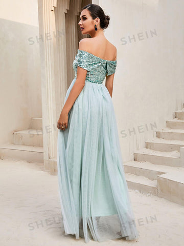 LOVE&LEMONADE Off Shoulder Sequin Insert Contrast Mesh Hem Bridesmaid Dress