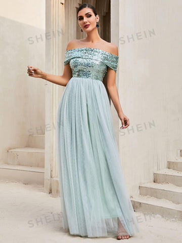 LOVE&LEMONADE Off Shoulder Sequin Insert Contrast Mesh Hem Bridesmaid Dress