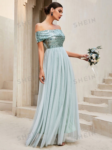 LOVE&LEMONADE Off Shoulder Sequin Insert Contrast Mesh Hem Bridesmaid Dress