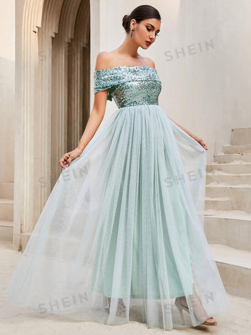 LOVE&LEMONADE Off Shoulder Sequin Insert Contrast Mesh Hem Bridesmaid Dress