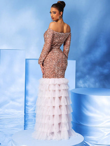 LOVE&LEMONADE Off Shoulder Sequined Multi-Layer Tulle Mermaid Evening Dress