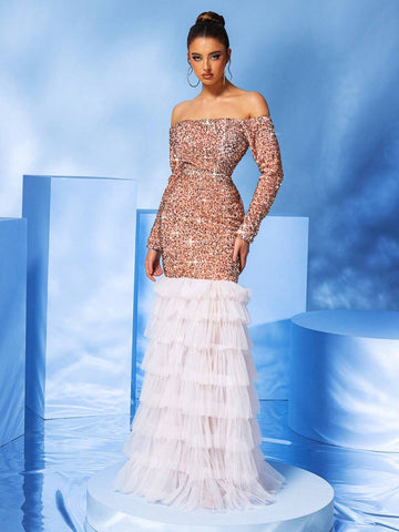 LOVE&LEMONADE Off Shoulder Sequined Multi-Layer Tulle Mermaid Evening Dress