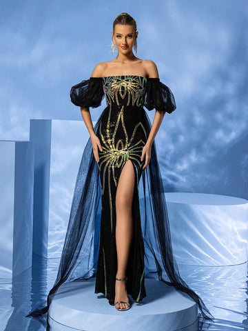 LOVE&LEMONADE Off Shoulder Sequined Slit Waist Cinched Evening Dress