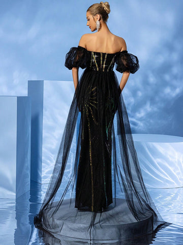 LOVE&LEMONADE Off Shoulder Sequined Slit Waist Cinched Evening Dress