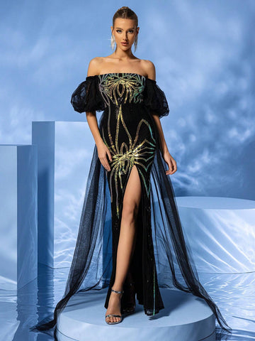 LOVE&LEMONADE Off Shoulder Sequined Slit Waist Cinched Evening Dress