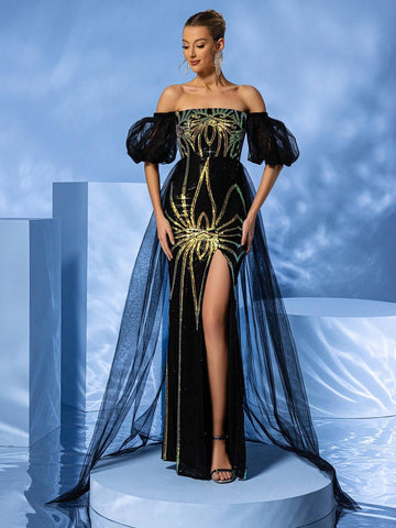 LOVE&LEMONADE Off Shoulder Sequined Slit Waist Cinched Evening Dress