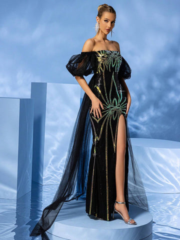 LOVE&LEMONADE Off Shoulder Sequined Slit Waist Cinched Evening Dress